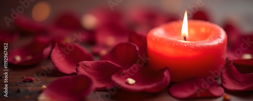 Red Romantic Candle In style of High-resolution Photograph For Background Use with Petals Scattered Around it in Soft Natural Lighting photo