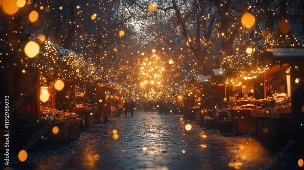 Sparkling Park Celebration with Festive Market Stalls. Generative AI