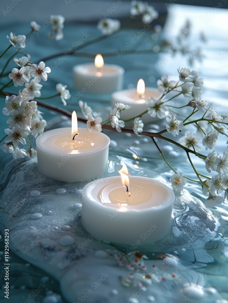 Candles and small white flowers arranged on a marble surface, creating a calm and soothing ambiance. Candles and small white flowers arranged on a marble surface, creating a calm and soothing ambiance.