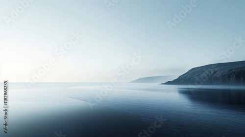 A calm seashore scene featuring soft blue tones and remote hills fading into the horizon, evoking a sense of tranquility and endless expanse. photo