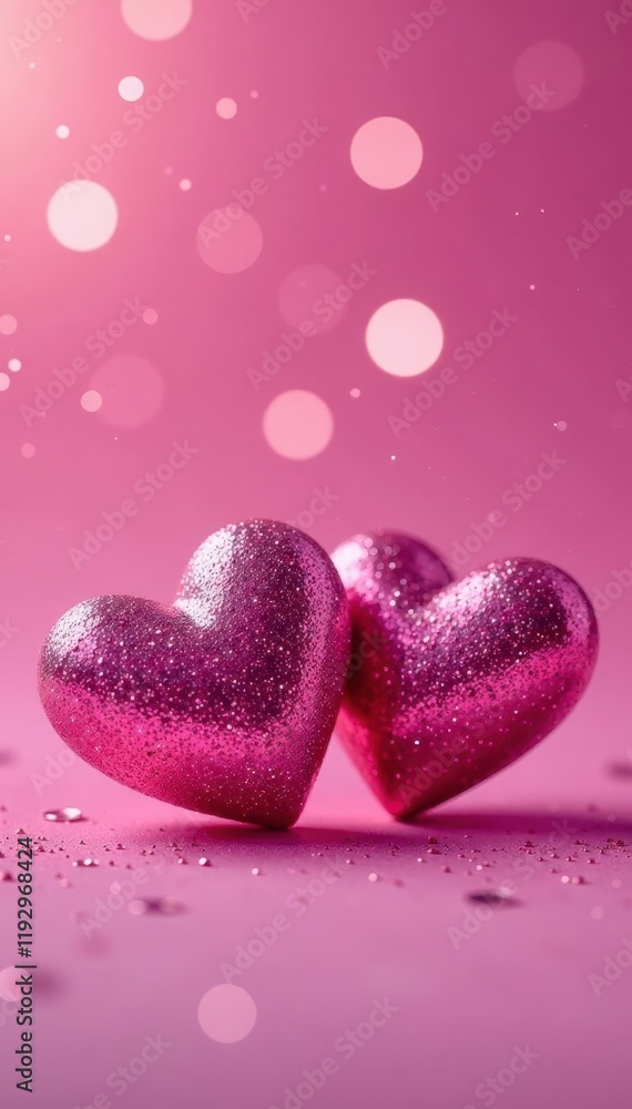 Obraz premium Close-up of two pink glitter hearts, dazzling bokeh backdrop , valentines, celebratory
