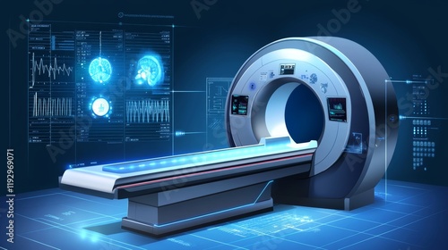 Futuristic Glowing Blue Digital Drawing of an MRI Scanner with Medical Graphics and Data Overlay in Vector Art Style