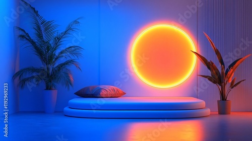 A modern interior with vibrant neon colors, featuring a glowing circular light and minimalist seating, creating a futuristic, atmospheric visual experience. photo