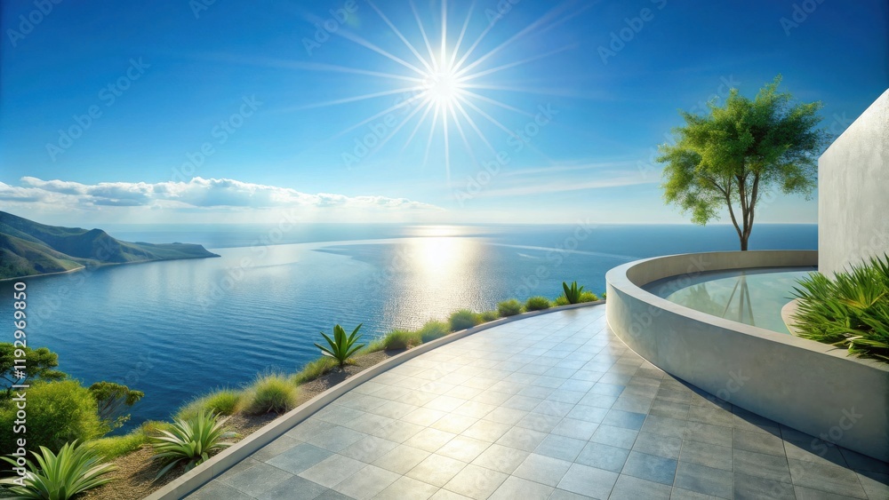 Oceanfront Terrace with Sunlit Patio and Lush Greenery Oceanfront Terrace with Sunlit Patio and Lush Greenery