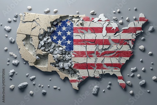 3D rendering of a broken USA map, set against a gray background with small rocks scattered around