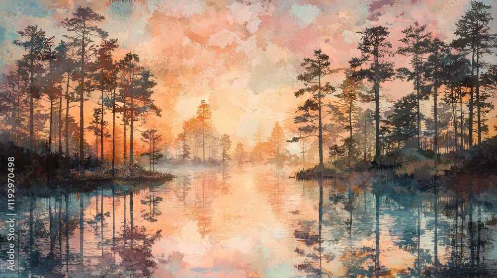 Obraz premium Tranquil sunrise reflections serene lake digital art natural landscape aesthetic view nature art fusion