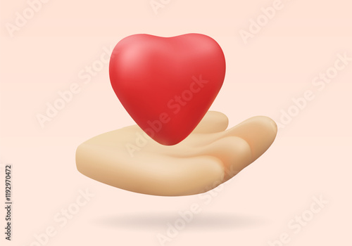 3D vector render illustration of a red heart icon floating over a hand. It means giving love, care and help. Suitable for use in donation-related content. community support, kindness, or care