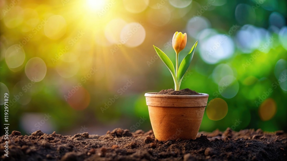 A single tulip sprout in a terracotta pot basks in the warm sunlight, nestled in rich dark soil against a vibrant, blurred natural background. A single tulip sprout in a terracotta pot basks in the warm sunlight, nestled in rich dark soil against a vibrant, blurred natural background.