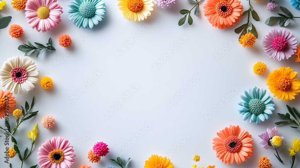Fototapeta premium Template with Colorful Flowers Around White Paper with Space for Text