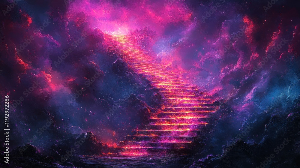 Fototapeta premium Glowing stairs ascending into a vibrant, nebular sky.