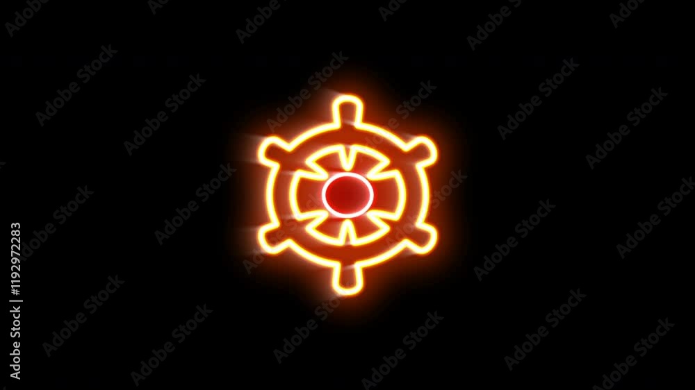 The blinking neon light of ship wheel icon in the black background. The blinking neon light of ship wheel icon in the black background.