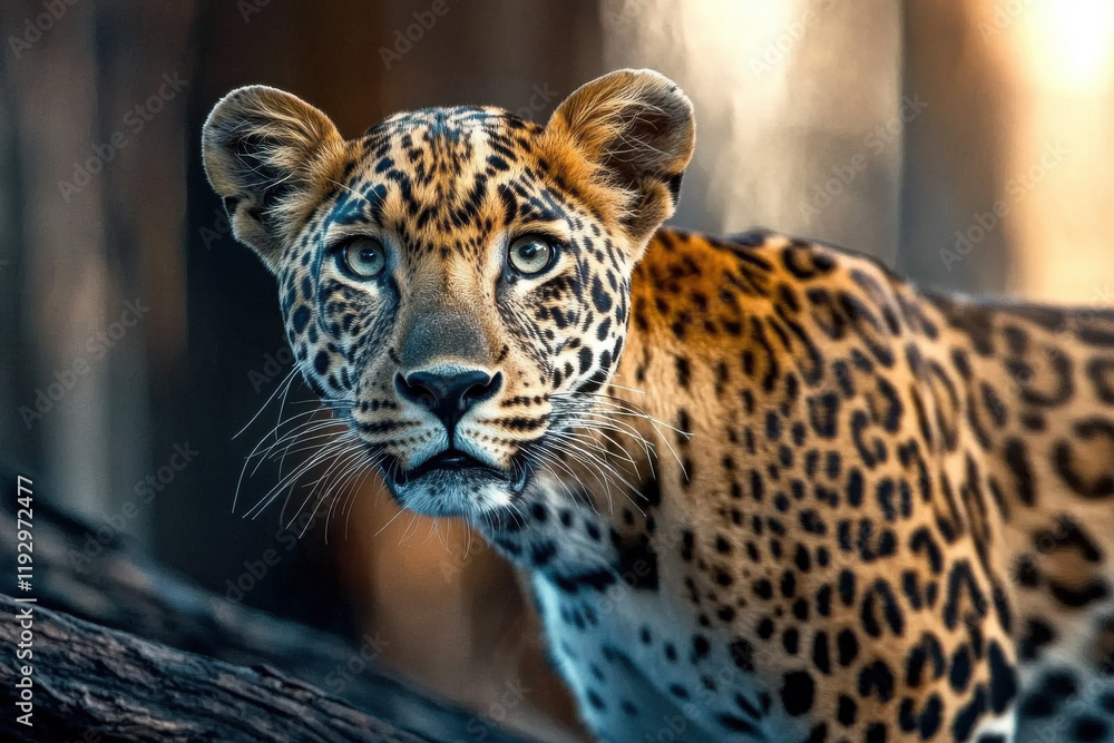 Fototapeta premium A leopard is staring at the camera with its mouth open