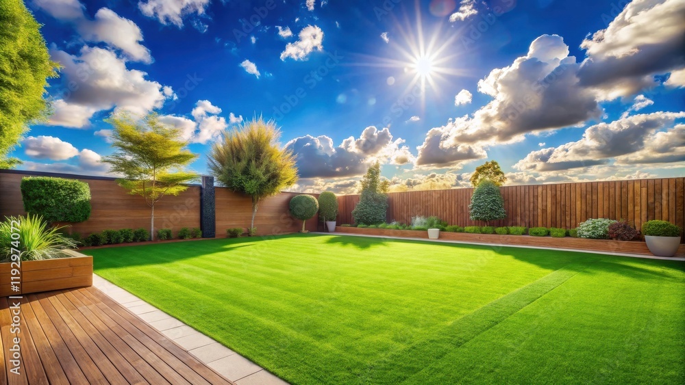 Fototapeta premium Serene Backyard Oasis Lush Green Lawn, Wooden Fence, and Vibrant Greenery Under a Sunny Sky