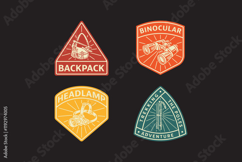 sling bag with axes, trekking poles, headlamp, binoculars, hiking poles, carrier bag, glasses, flashlight retro badge logo vector design collection set for adventure, explorer, mountaineer and hiker