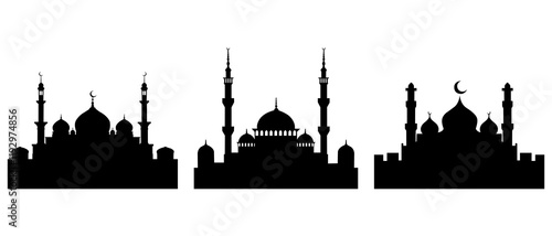 Mosque silhouette. Three mosque silhouettes on a white background.