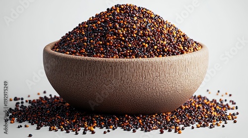 Bowl of dark red and orange quinoa seeds.