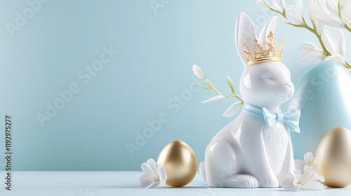 Royal Easter Bunny: A charming white ceramic bunny adorned with a golden crown and a blue bowtie sits amongst golden Easter eggs and delicate white blossoms on a light blue background. photo