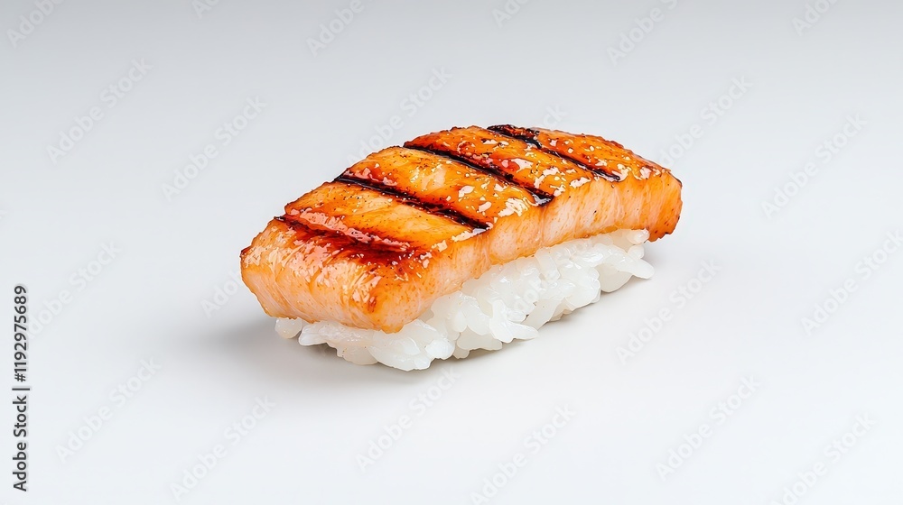 Close-up of freshly grilled unagi served over a bed of rice on a clean plate Close-up of freshly grilled unagi served over a bed of rice on a clean plate