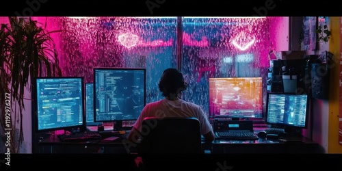 A person working at a computer desk surrounded by multiple screens and neon lights.