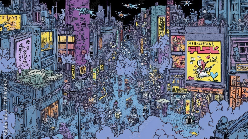 Fototapeta premium A vibrant, futuristic cityscape filled with people, neon lights, and flying vehicles.