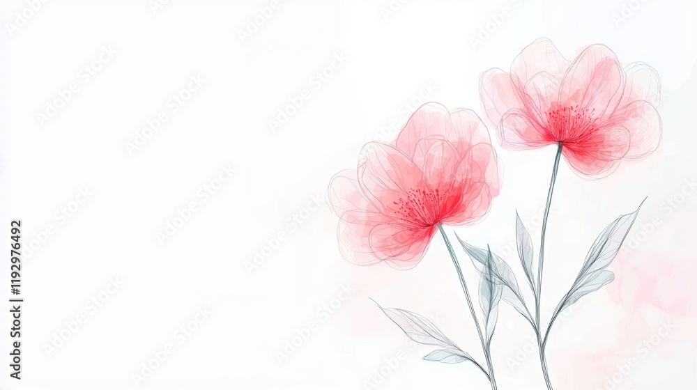 Naklejka premium Soft Floral Artwork with Delicate Pink Flowers and Graceful Green Leaves