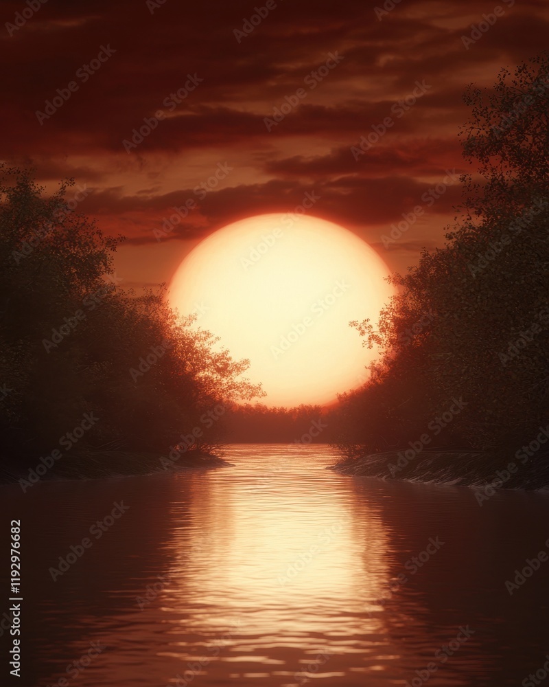 Fototapeta premium Crimson sunset over tranquil river nature scene twilight glow serene landscape calm viewpoint peaceful concept