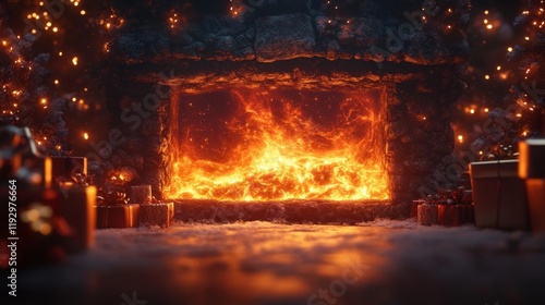 Cozy Fireplace with Glowing Flames and Holiday Atmosphere. Generative AI photo