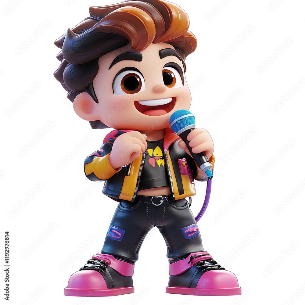 Energetic cartoon character singing on stage colorful environment 3d art playful viewpoint entertainment concept