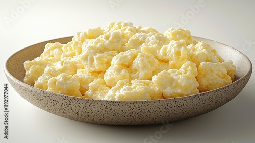 Bowl of fluffy scrambled eggs, close-up.