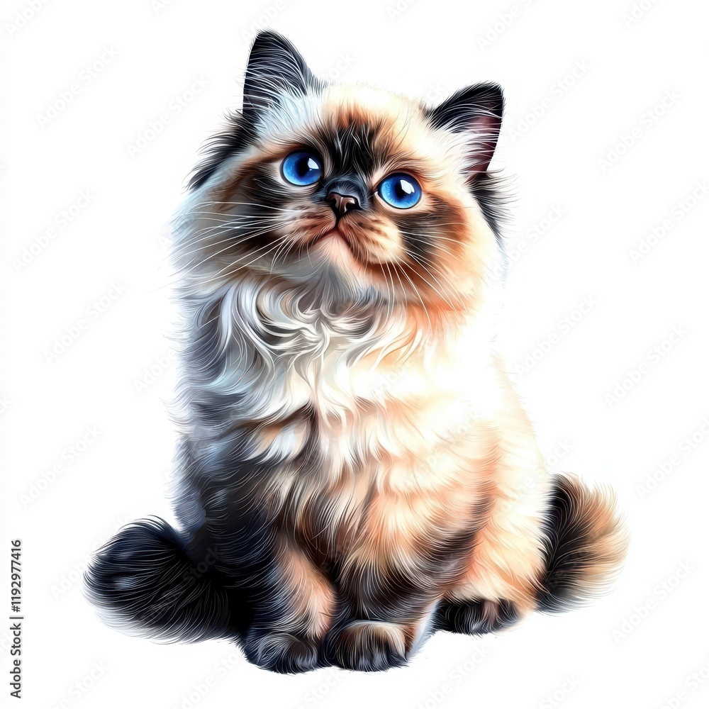 Fototapeta premium Cute fluffy kitten with bright blue eyes sitting gracefully on a white background