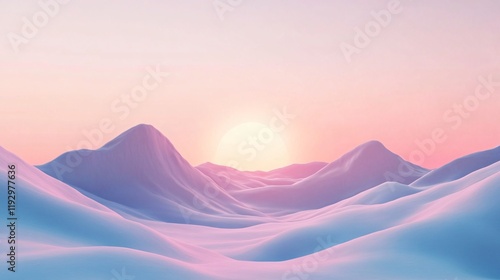 A serene landscape envelopes gentle, softly rolling hills under a pastel-colored sky, presenting a peaceful and calming visual journey for the observer. photo