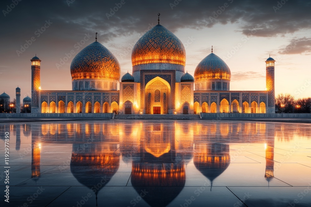 Obraz premium A 3D-rendered scene of Registan Square at sunset, with the shadows enhancing the depth of the ornate tiles and the golden light highlighting the domes