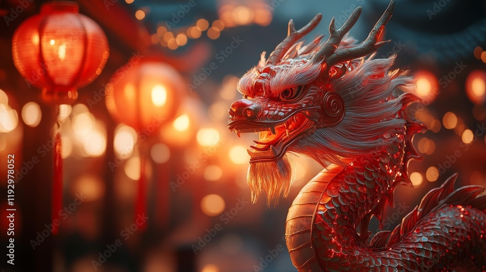 Fototapeta premium Red Fire Dragon in Festive Lantern Glow. Generative AI