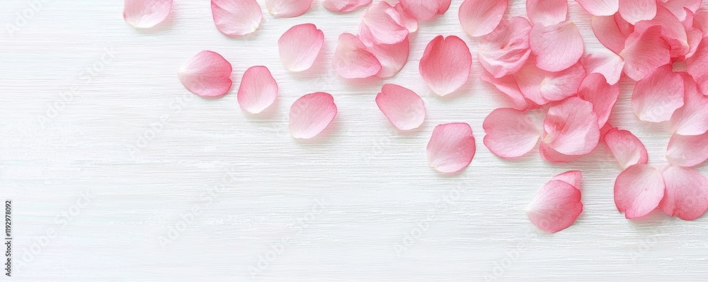 Obraz premium Delicate Pink Rose Petals Spread on White Wooden Surface Background