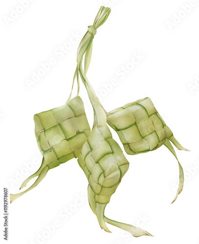 Illustration of ketupat using watercolor. Food illustration for ramadan and eid mubarak.