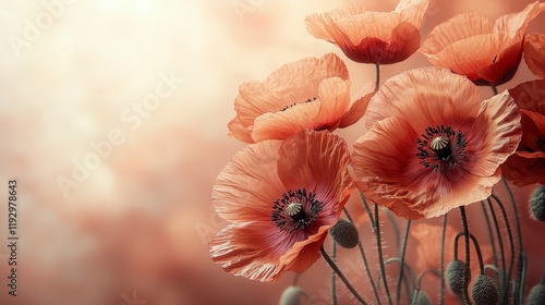 Close-up of delicate orange poppies in soft light.
