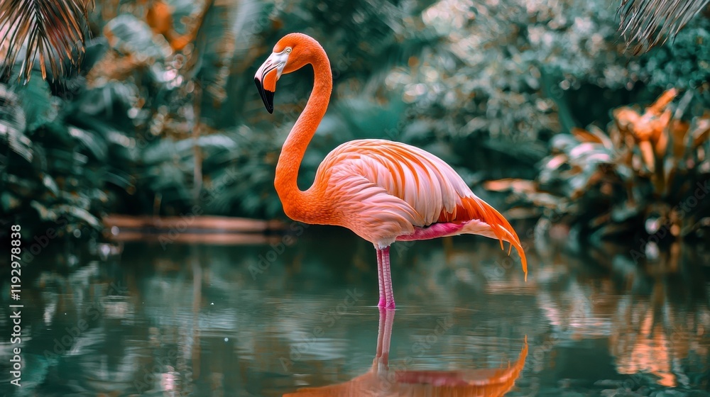 Fototapeta premium Elegant Flamingo Standing on One Leg in Serene Tropical Environment Surrounded by Lush Greenery and Reflections in Calm Water