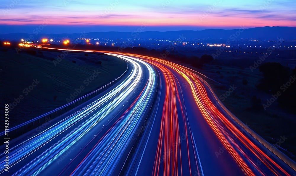 Dynamic Light Trails at Dusk on a Winding Highway, Capturing the Motion of Vehicles Against a Vibrant Sky at Sunset with City Lights in the Background Dynamic Light Trails at Dusk on a Winding Highway, Capturing the Motion of Vehicles Against a Vibrant Sky at Sunset with City Lights in the Background