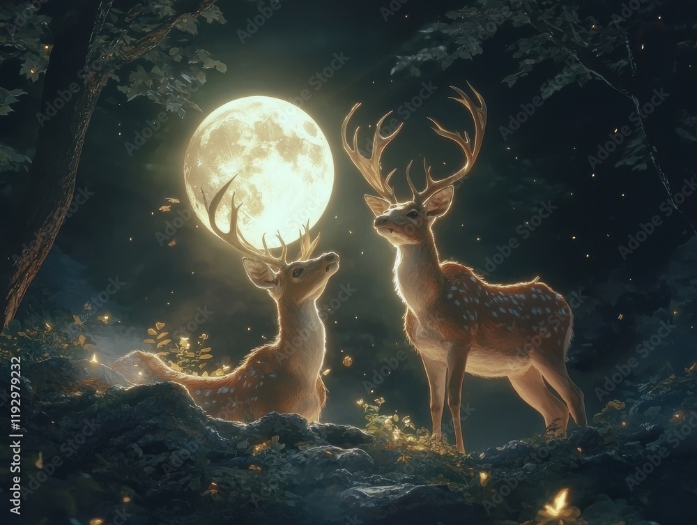 Fototapeta premium Moonlit deer gazing under full moon enchanted forest wildlife serene nightscape nature’s beauty