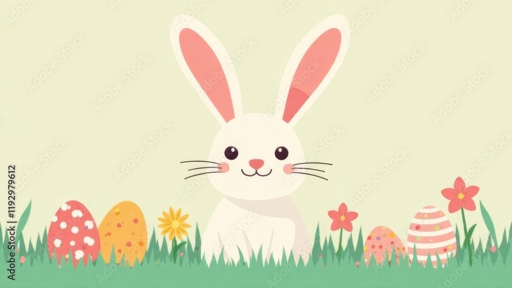 Obraz premium illustration of easter bunny with eggs on plain light background