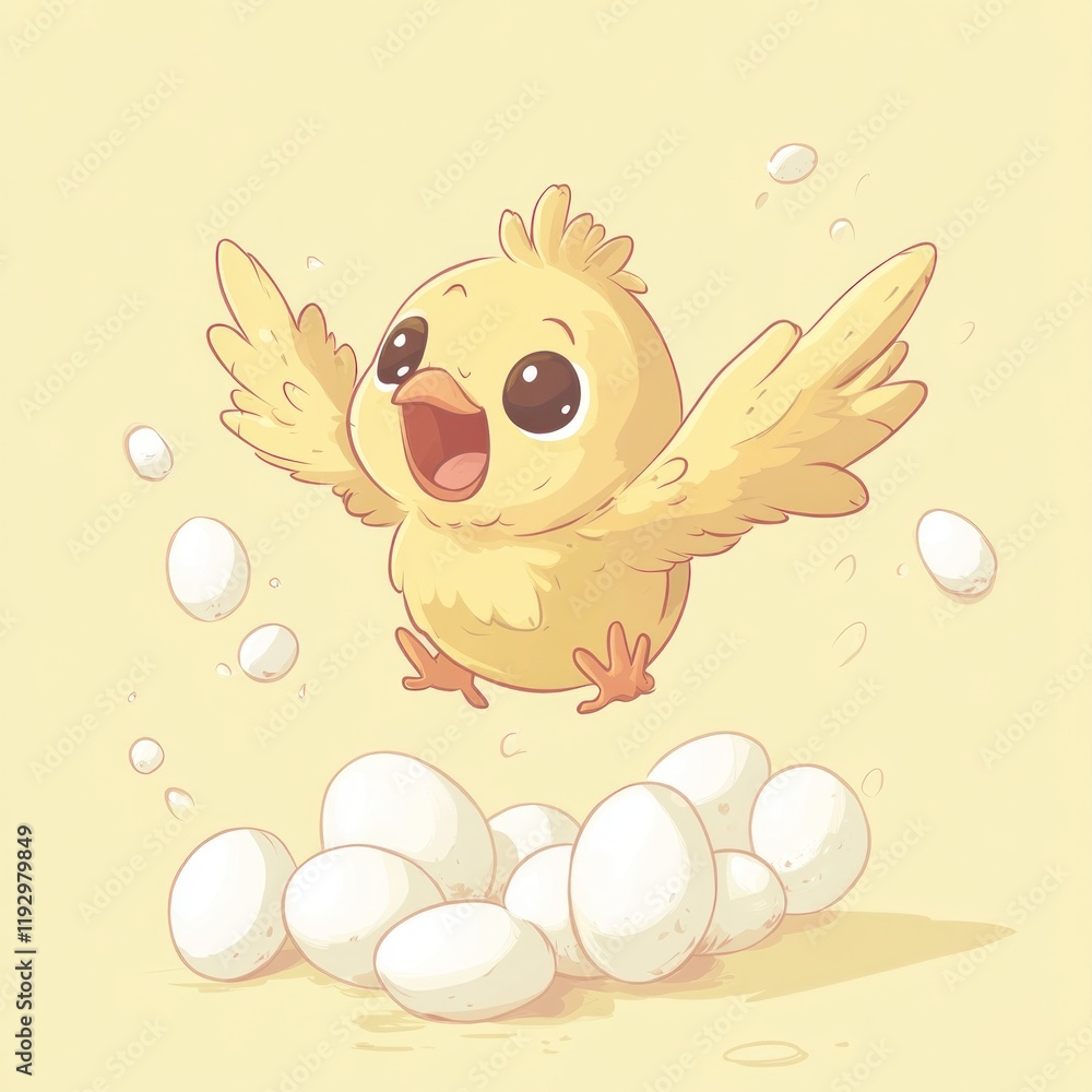 Joyful chick leaps over eggs, pastel background, spring card Joyful chick leaps over eggs, pastel background, spring card