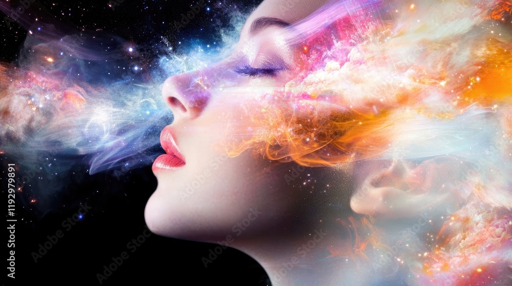 Surreal cosmic portrait of a woman merging with the galaxy. Surreal cosmic portrait of a woman merging with the galaxy.