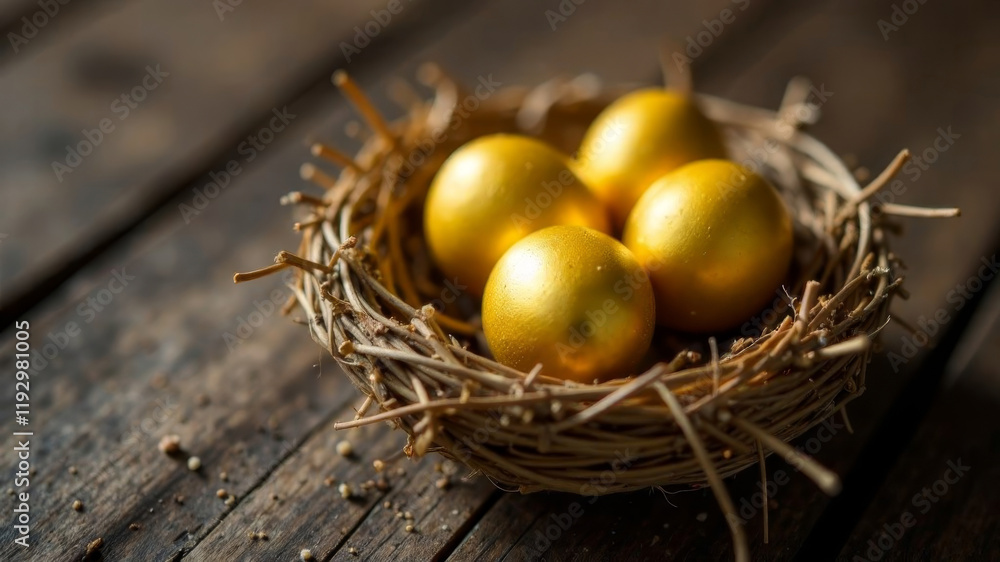 golden four chicken eggs in a wicker basket on a wooden floor golden four chicken eggs in a wicker basket on a wooden floor