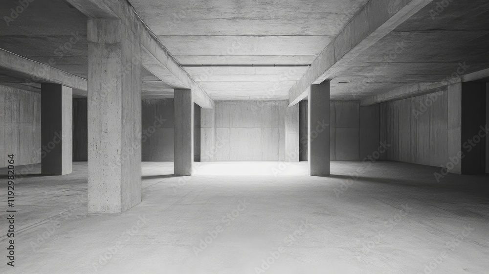 Empty concrete parking garage interior with pillars and high ceilings.