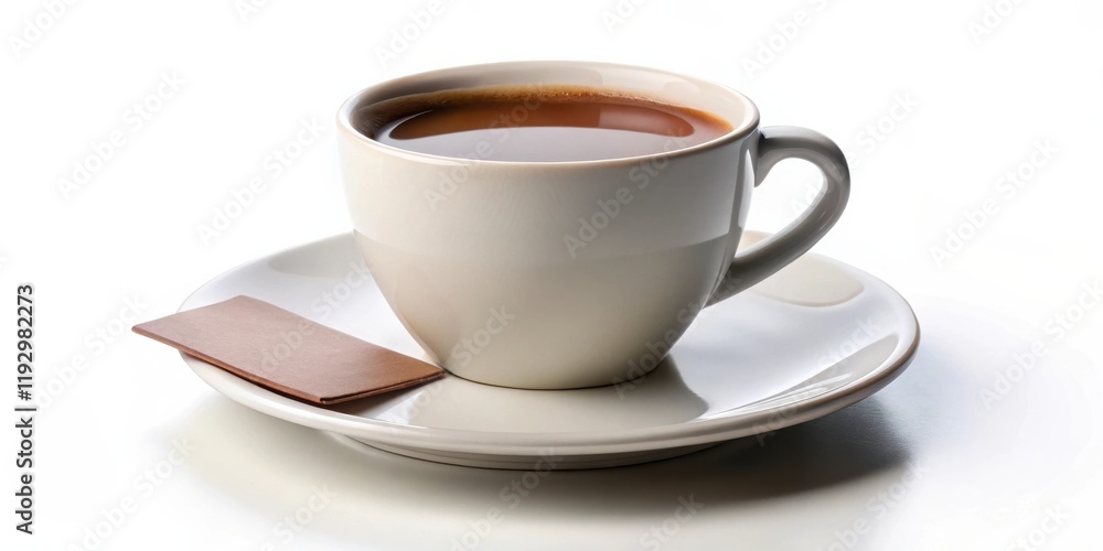 A steaming cup of coffee rests on a saucer, accompanied by a small brown card. A steaming cup of coffee rests on a saucer, accompanied by a small brown card.