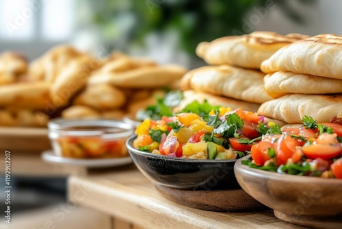 A beautifully laid table with Uzbek plov, freshly baked naan, and colorful salads served in traditional dishes photo