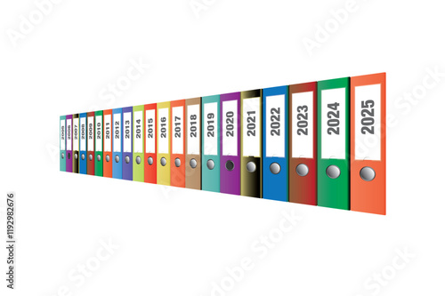 Rows of multicolored binders with years from 2005 tot 2025. In a 3 dimentional view.