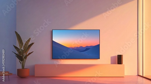 A minimalist modern interior featuring a large screen TV displaying a mesmerizing sunset over a mountain range, complemented by sleek, stylish furnishings. photo