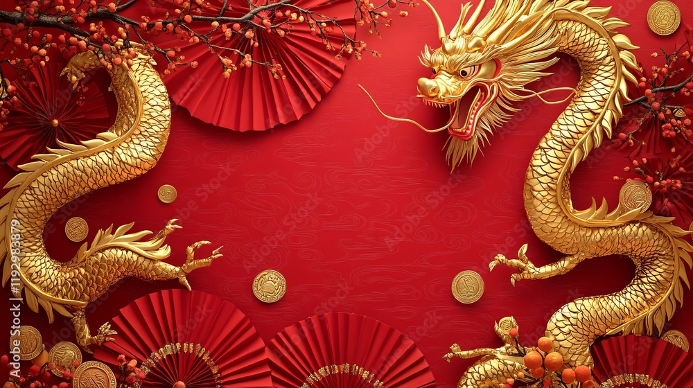 Chinese New Year theme background with copy space. Red fans, gold coins, tangerines, cherry blossoms, holiday golden branches, decor, wishes envelopes. gold dragon on red background Chinese New Year theme background with copy space. Red fans, gold coins, tangerines, cherry blossoms, holiday golden branches, decor, wishes envelopes. gold dragon on red background