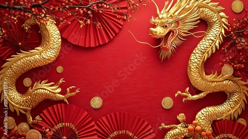 Wallpaper Mural Chinese New Year theme background with copy space. Red fans, gold coins, tangerines, cherry blossoms, holiday golden branches, decor, wishes envelopes. gold dragon on red background Torontodigital.ca